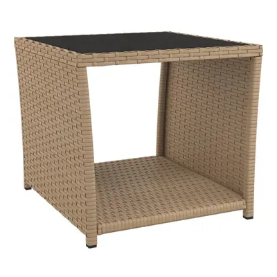 vidaXL Tea Table with Glass Top Beige Poly Rattan and Tempered Glass Table