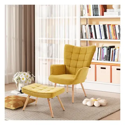 (Yellow) Upholstered Wingback Armchair with Footstool