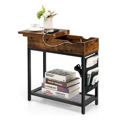 Narrow Side Table End Table Nightstand w/ Flip Top & Charging Station