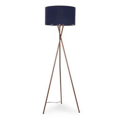 Modern Copper Metal Tripod Floor Lamp with a Navy Blue Cylinder Shade