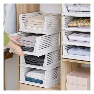 (White) Set of Stackable Folding Closet Storage Boxes Organizers (Easy to Open and Fold), Plasti