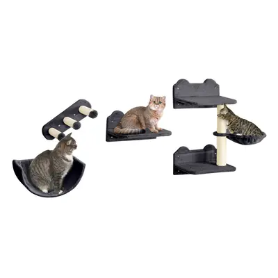 PawHut 4PCs Wall Mounted Cat Tree Cat Wall Shelves W/ Scratching Post Dark Grey