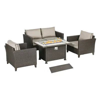 Outsunny PCs Rattan Garden Furniture Set with Gas Fire Pit Table, Brown