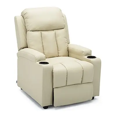 (Cream) Studio Recliner W Drink Holders Armchair Sofa Bonded Leather Chair Reclining Cinema