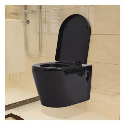 vidaXL Wall Hung Toilet Ceramic Black Suspended Soft-close Bathroom Furniture