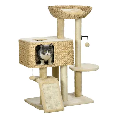 PawHut 95cm Cat Tree Tower w/ Scratching Post, Cat House, Ball, Platform - Beige