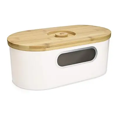 Bread Bin with Bamboo Lid Cream Colour Metal Storage Container with Window and Wooden Chopping B