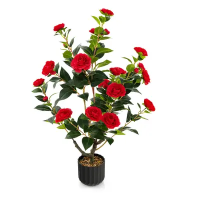 Red Artificial Camellia Tree in Cement Pot Free Maintenance