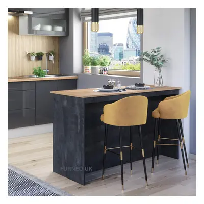 Kitchen Island Modern Breakfast Bar Shelves Black Concrete & Oak Effect KI04