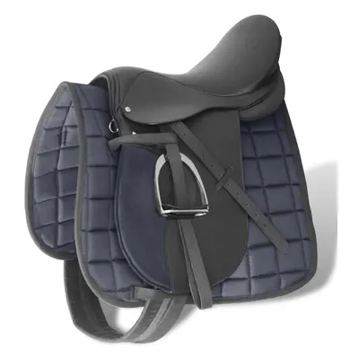 Horse Riding Saddle Set 16" Real Leather Black cm 5-in-1