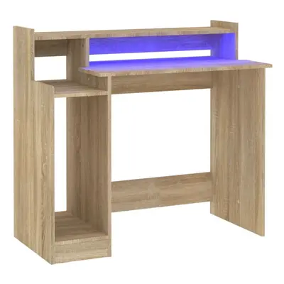 (Sonoma oak) vidaXL Desk with LED Lights Computer Table Study Writing Desk Engineered Wood