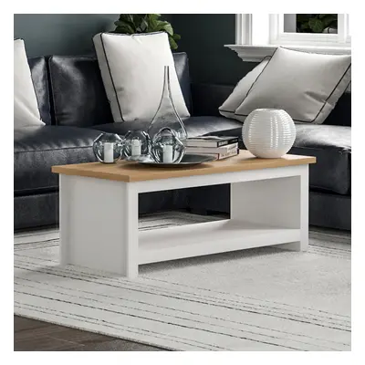 (White & Oak) Arlington Coffee Table Bottom Shelf Storage Oak