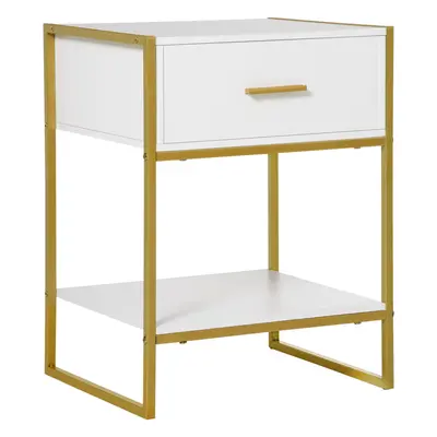 HOMCOM Modern Bedside Table Side Table Nightstand w/ Drawer Shelf White Gold