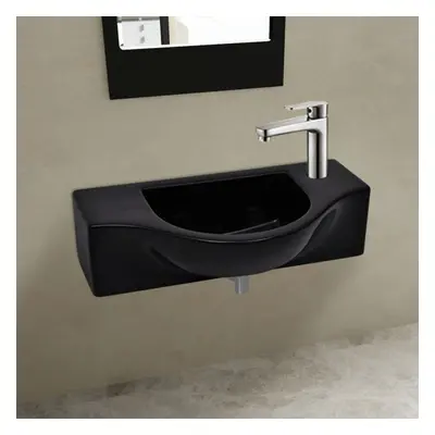 vidaXL Ceramic Bathroom Sink Basin with Faucet Hole Black Wall Hung Fixture