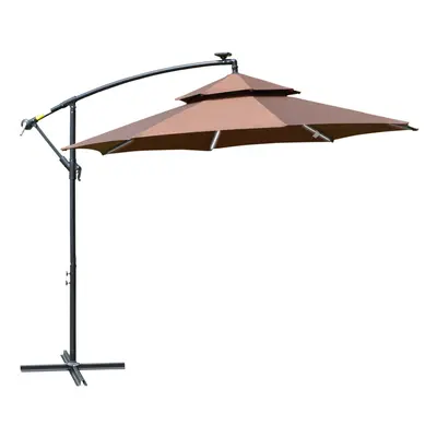 Outsunny 3(m) Cantilever Parasol Hanging Banana Umbrella w/ lights, Coffee