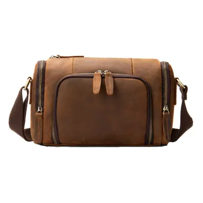 Small Horizontal Cylinder Bag Leather Shoulder Bag Vintage Diagonal Span for Men