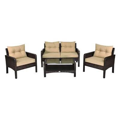 4 PCS Patio Rattan Table and Chair Set w/Cushions Outdoor Furniture