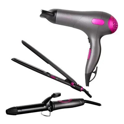 Carmen 1800W DC Hairdryer / 25mm Curling Tong / Hair Straightener Neon Pink / Graphite UK Plug