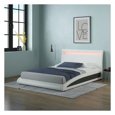 (Small Double, White) Neptune LED Lights Headboard Gaming Style Faux Leather Bed Frame