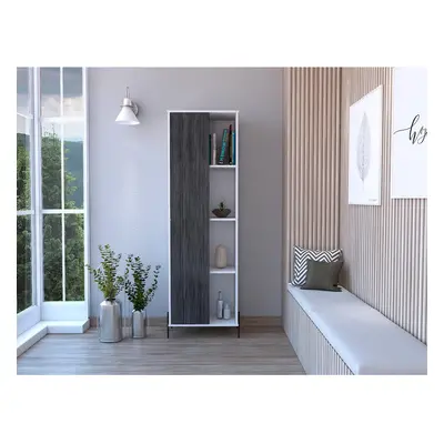 White Display Storage Cabinet Cupboard with Shelves and Grey Oak Effect Door