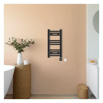 (Black, 600x300mm) NRG Prefilled Thermostatic Electric Straight Heated Towel Rail Radiator