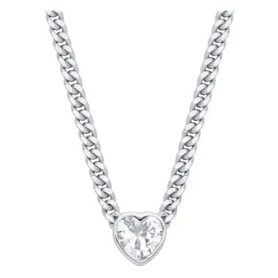 Jewelco London Ladies Sterling Silver Heart CZ Solitaire Collarette Curb Chain Lavalier Necklace