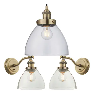 Ceiling Pendant & 2x Matching Wall Light Pack Antique Brass & Clear Glass Shade