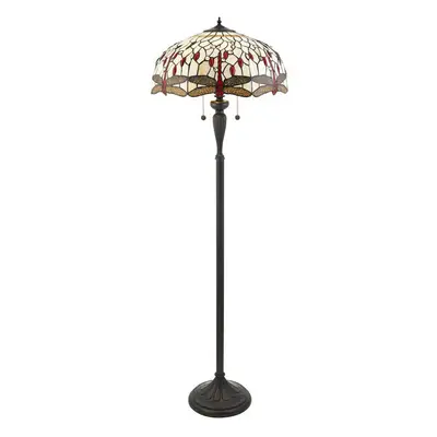 1.5m Tiffany Twin Floor Lamp Dark Bronze & Dragonfly Stained Glass Shade i00012