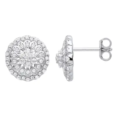 Jewelco London Ladies Rhodium Plated Sterling Silver CZ Petal Flower Tiered Cluster Stud Earring