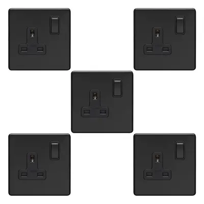 5 PACK Gang DP 13A Switched UK Plug Socket SCREWLESS MATT BLACK Wall Power