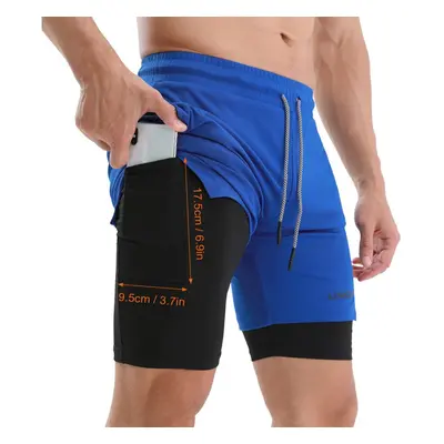 (Blue, 2XL) Men Running Shorts with Towel Loop Quick Dry Exercise Pockets for Training Gym Worko