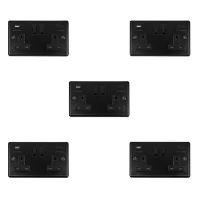 5 PACK Gang Double UK Plug Socket & Dual 3.1A USB-C MATT BLACK 13A Switched