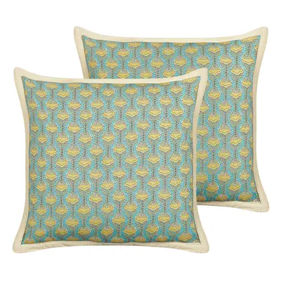 Set of Cotton Cushions Flower Pattern x cm Blue and Yellow WAKEGI