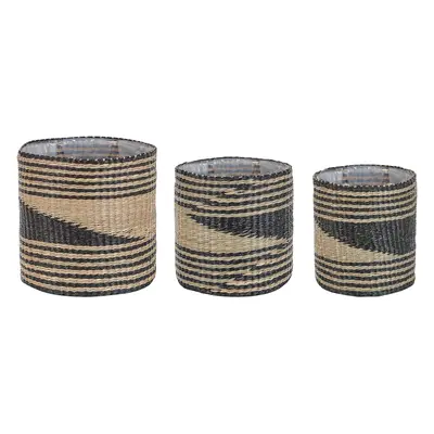 Set of Plant Pots RATTAIL Wicker Light Wood-Black