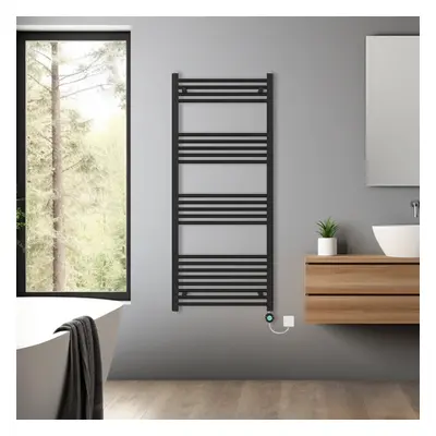 (Black, 1400x600mm) Pre-filled Bathroom Straight Electric Heated Towel Rail Radiator Thermostati