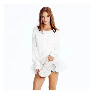 (White, 2XL) Women T-Shirt Skeleton Print Round Neck Long Sleeve Tops Pullover Sweater