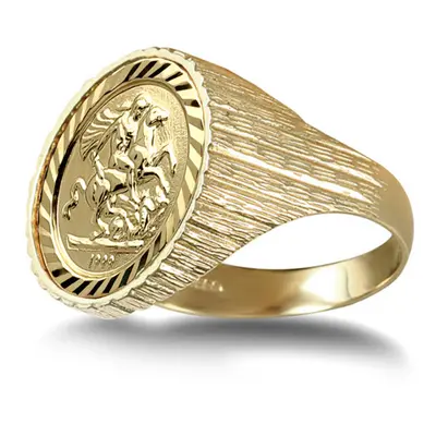 (T) Jewelco London Men's Solid 9ct Gold Ribbed Barked St George & Dragon Medallion Ring (10th Kr