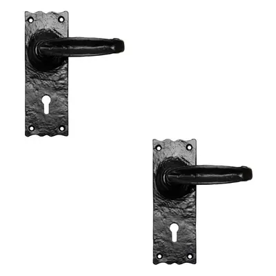 2x PAIR Forged Straight Lever Handle on Lock Backplate x 55mm Black Antique