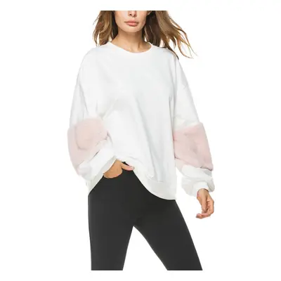 (White, L) Women Loose Sweatershirt Pullovers Lantern Long Sleeves Fur Dropped Shoulder