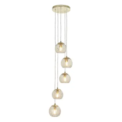 Satin Brass Light Ceiling Pendant Fitting & Campagne Dimpled Glass Shades