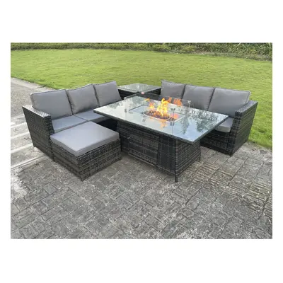 Fimous Outdoor Rattan Garden Furniture Gas Fire Pit Dining Table Sets Gas Big Footstool Seater