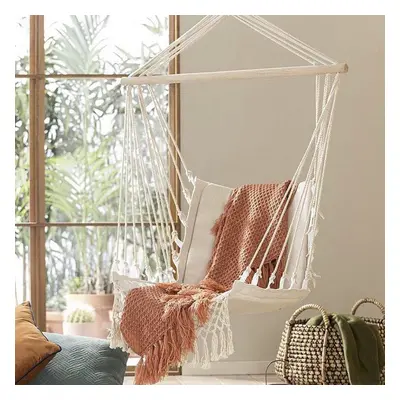 Hammock Cotton Swing Camping Rope Chair Wooden Beige Tasse Patio