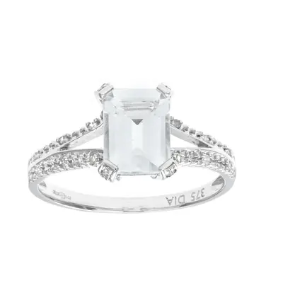 (M) Jewelco London 9ct White Gold Emerald Cut Aquamarine Ring With Diamond Shoulders - PR0AXL726