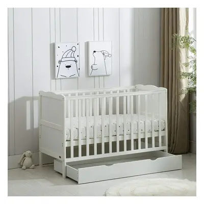 (White) MCC BABY COT BED Wooden Baby Cot Bed & Rollaway Drawer & Aloe Vera Water Repellent Mattr