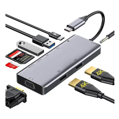 9-In-1 Triple Display USB-C HUB Docking Station Adapter With 4K@30Hz HD Display 1080P VGA 87W US