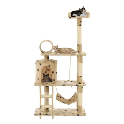 vidaXL Cat Tree with Sisal Scratching Posts 140cm Beige Paw Prints Play Tower