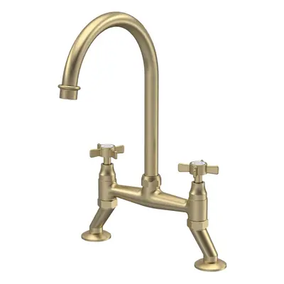 Traditional Bridge Mixer Kitchen Tap with Crosshead Handles - Brushed Brass