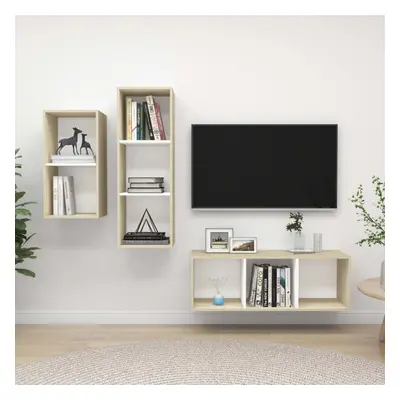 vidaXL TV Cabinet Set Piece White and Sonoma Oak Engineered Wood TV Stand