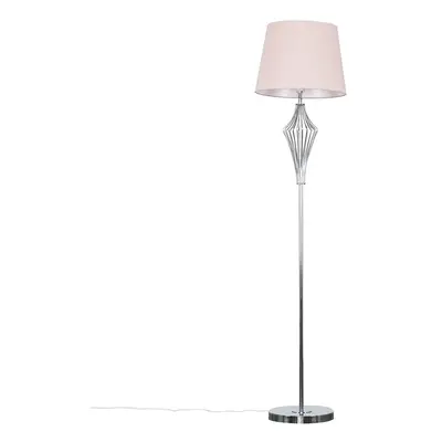 Modern Polished Chrome Metal Wire Geometric Diamond Design Floor Lamp with a Pink Tapered Shade