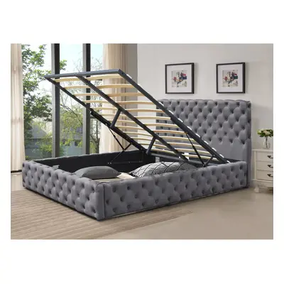 (4ft6 Double, With Stella Mattress) Tufted Fabric Gas Lift Ottoman Bed Frame In Grey In 3ft, 4ft